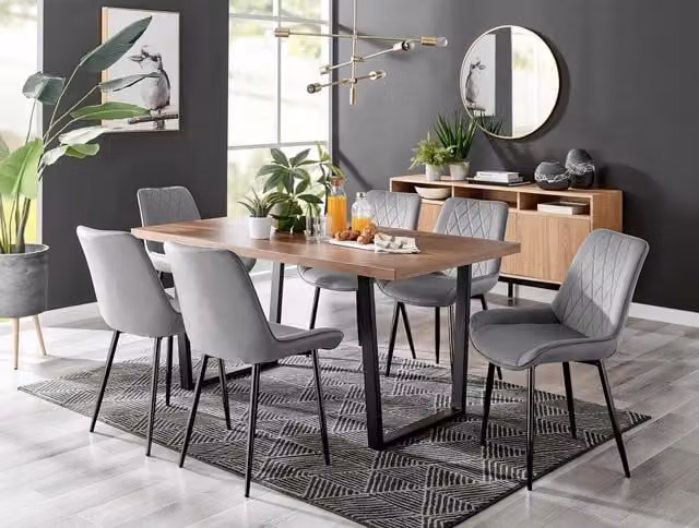 FurnitureboxUK Kylo Brown Wood Effect Dining Table and 6 Grey Pesaro Velvet Chairs with Black Legs – 1