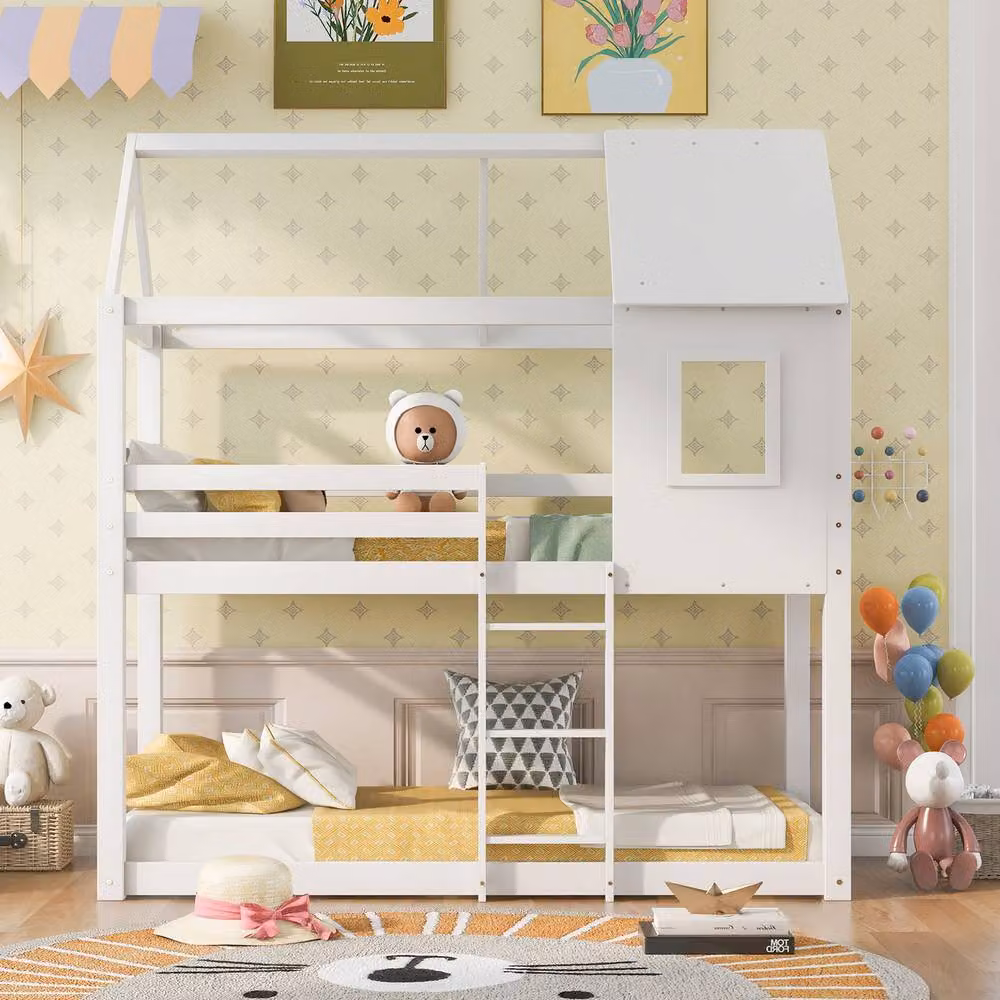 Rolipo White Solid Pine Kids Bunk Bed with House Frame, W/D/H: 90 x 190 cm – 3