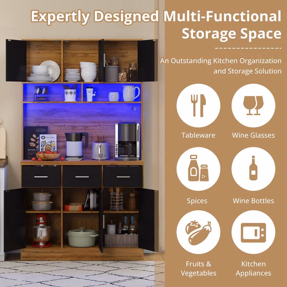 Rolipo Modern Black Matt Kitchen Pantry Cabinet with LED Lighting and Internal Drawers, Height: 180 cm – 2