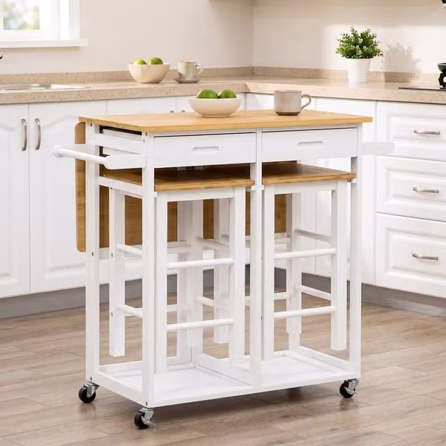 STILVORA White Lacquered Bamboo Breakfast Bar Set with Drop-Leaf Table and 2 Stools – 1