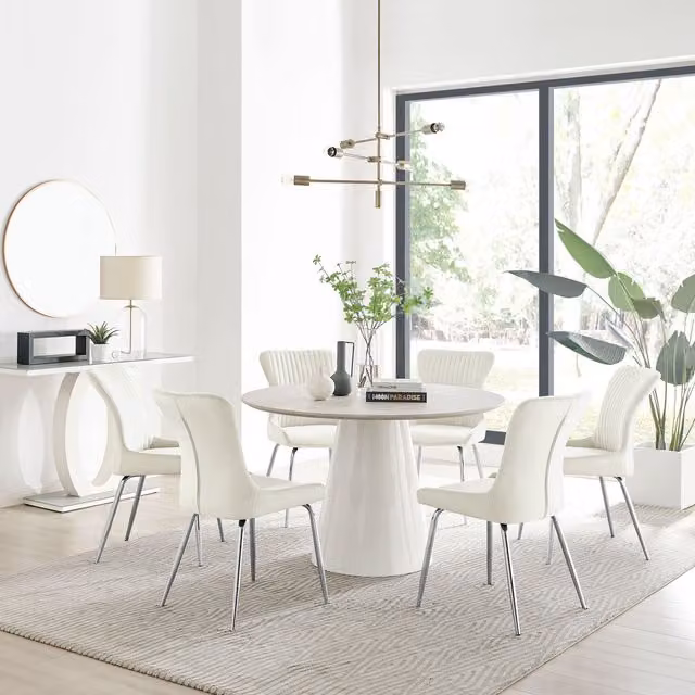 Furniturebox Palma Beige Stone Effect Round Dining Table and 6 Nora Silver Leg Chairs in Cream