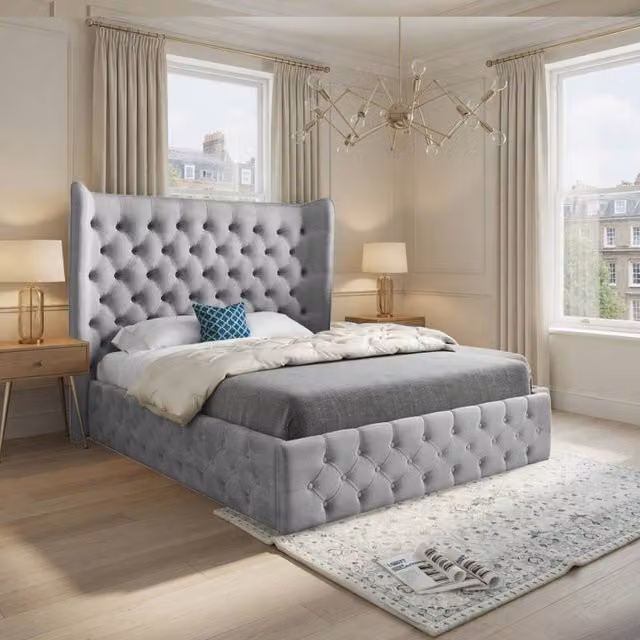 KDMD Lawford Wide Winged Upholstered Grey Velvet Designer Bed Frame, Size: King (180 x 200 cm) – 1
