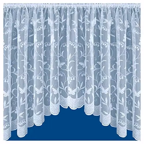 Tyrone Textiles Hawaii Jardiniere White Butterfly and Leaf Floral Net Lace Curtain, Width: 254 cm, Drop: 91 cm