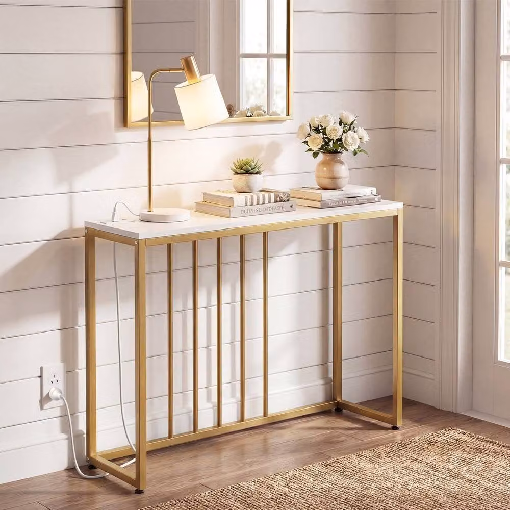 KORVIXA Modern Square Sofa Table with Gold Metal Frame in White – 2