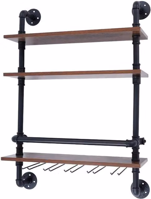 VOGREX 3-Tier Industrial Wall Mounted Wine Bottle Storage Rack in Brown – 1