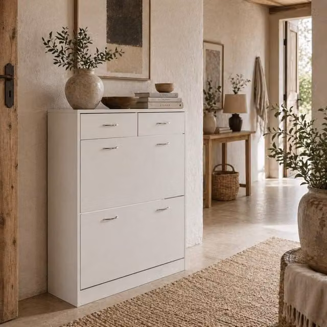 Wyld Haus Fafina Slim White Shoe Cabinet with 2 Flip Drawers and 2 Top Drawers, H 91.5 x W 80 x D 30 cm – 1
