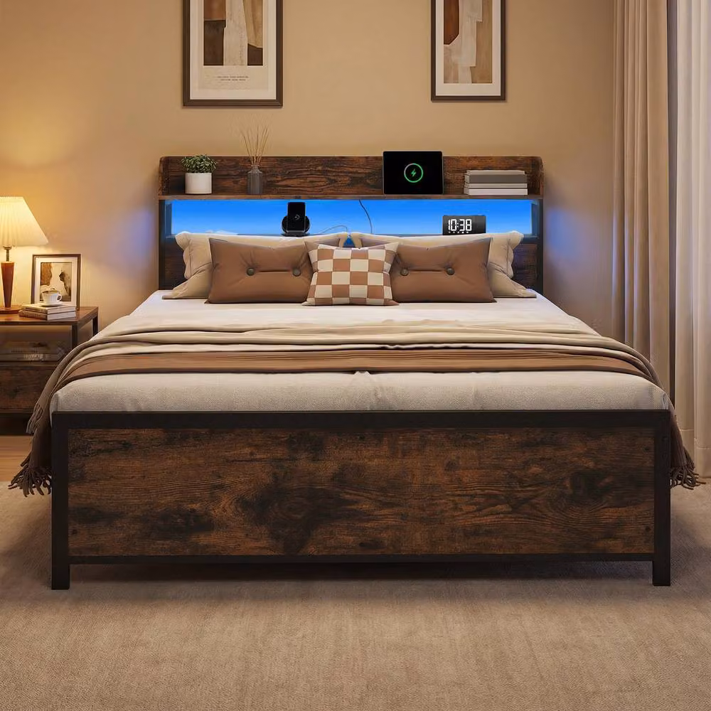 Gymax King Size Platform Bed Frame in Brown with LED Lights, USB Charging Ports and Storage Headboard – 3