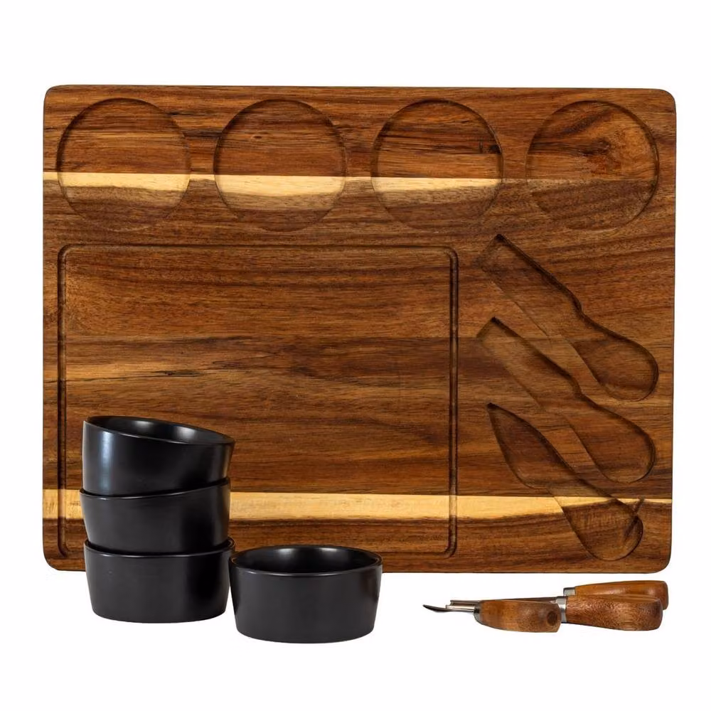 Lemon Pavilion Acacia Wood Cheese Board Set with Grey Ceramic Bowls and Cutlery in Brown – 3