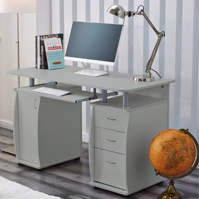 RayGar Wicklow Computer Desk with Cabinet and 3 Drawers in Grey