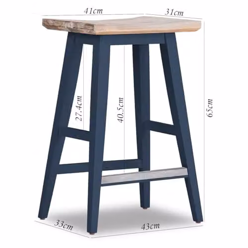 Statement Furniture Florence Navy Blue Bar Stool with Acacia Hardwood Square Seat, W43 x D33 x H65 cm
