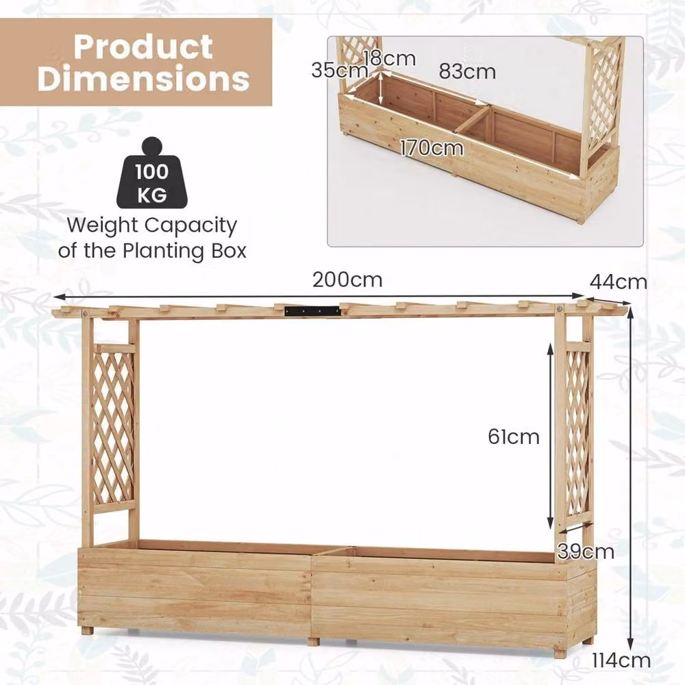 VOGREX Brown Fir Wood Raised Garden Bed with 2-Sided Trellis Climbing Planter Box – 2