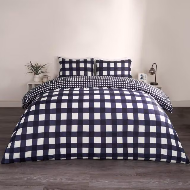 OHS Blue Checked Gingham Duvet Cover and Pillowcase Set