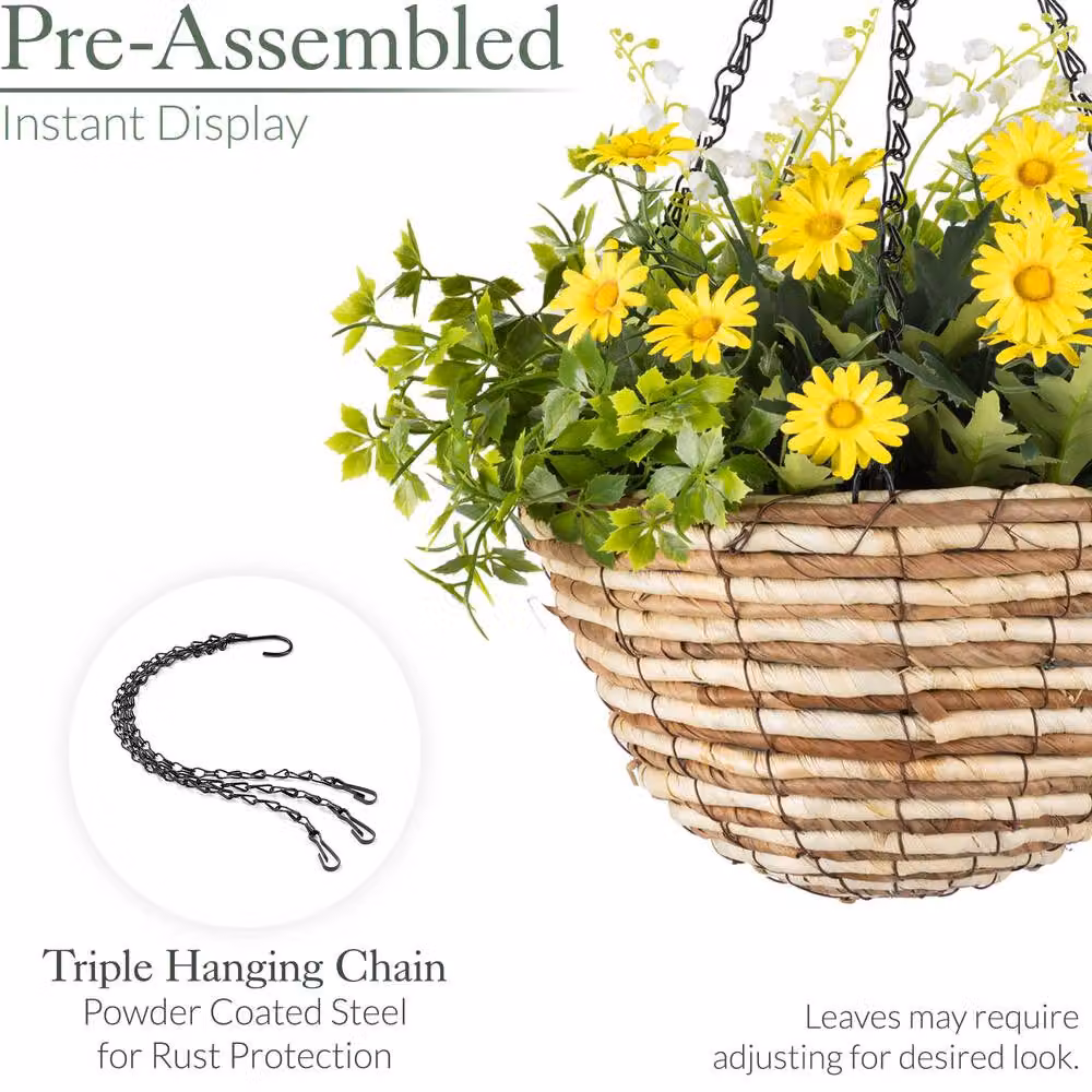 Christow Artificial Daisy Woven Hanging Basket in Yellow and Pink, UV Resistant Floral Foliage, Diameter: 25 cm – 6