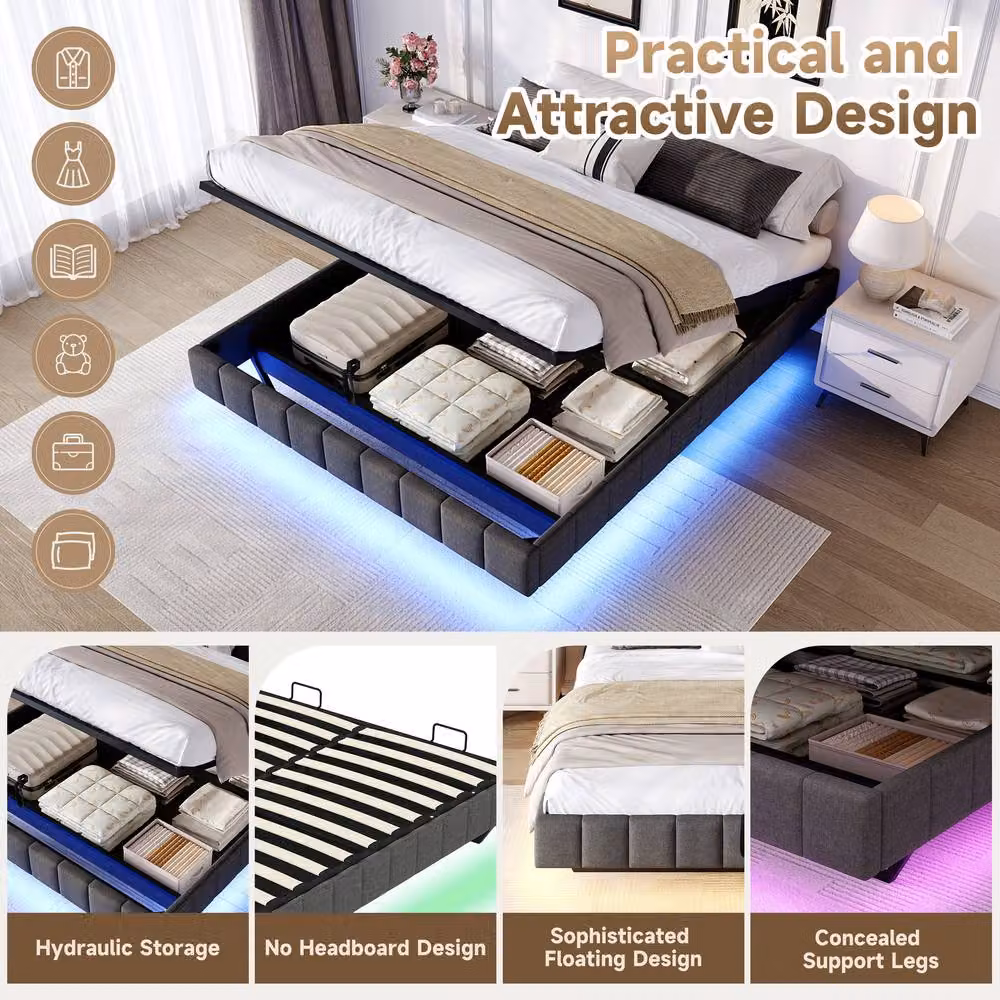 Merax Double Floating Upholstered Bed Frame with Hydraulic Storage and Under-Bed Lighting in Grey, W/D/H: 140 x 200 x 32 cm – 5