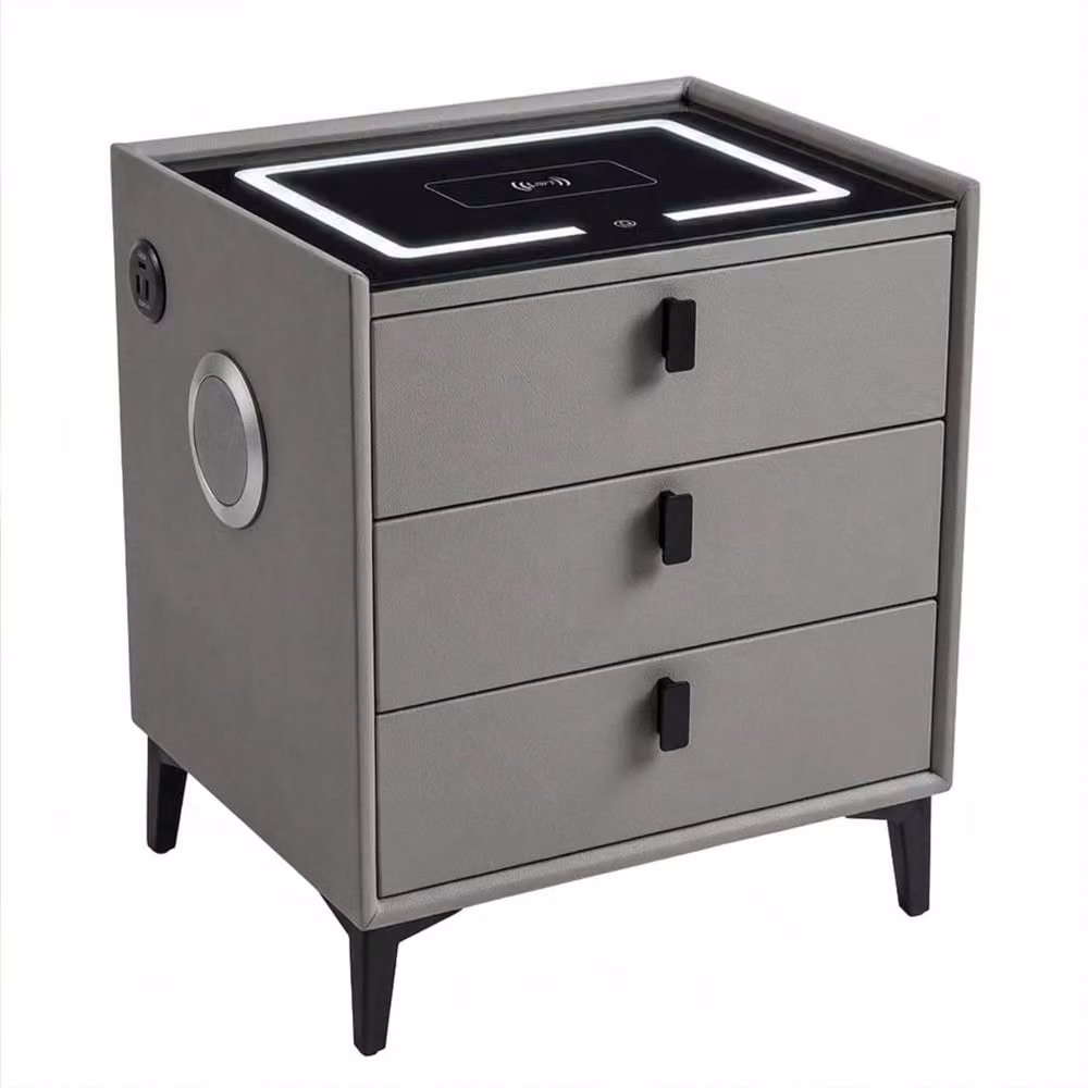 Sliding Wardrobes 4U Multifunctional Grey Bedside Table with LED Lighting, Charging Ports and Bluetooth Speaker – 2