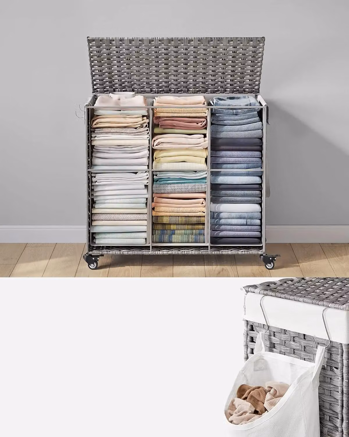 SONGMICS 3-Compartment Rolling Laundry Hamper with Wheels and Handles in Grey – 2