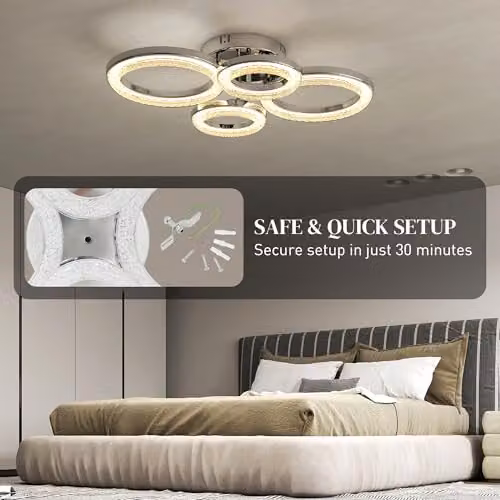 HOMCOM Dimmable LED Ceiling Light with 4 Rings and Wall Switch, Silver Tone – 3