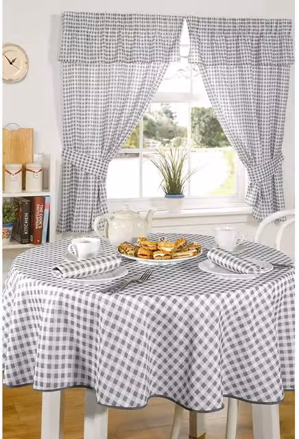 Emma Grey Checked Gingham Pencil Pleat Fabric Panel Curtains, Width: 137 cm