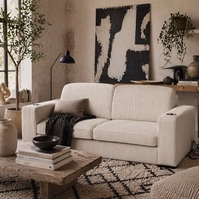 Wyld Haus Tocomo 3 Seater Sofa in Beige Corduroy with Cup Holders – 1