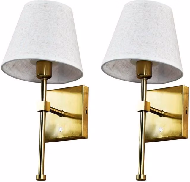 First Choice Lighting Set of 2 Horrace Brass Rechargeable Wall Lights with Gold Linen Shades – 1
