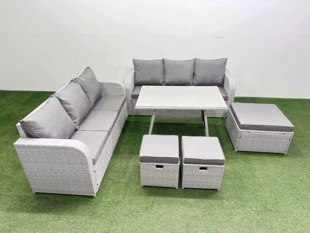 Fimous Rattan High Back Lounge Sofa Set with 3 Seater Sofa and 3 Stools in Light Grey