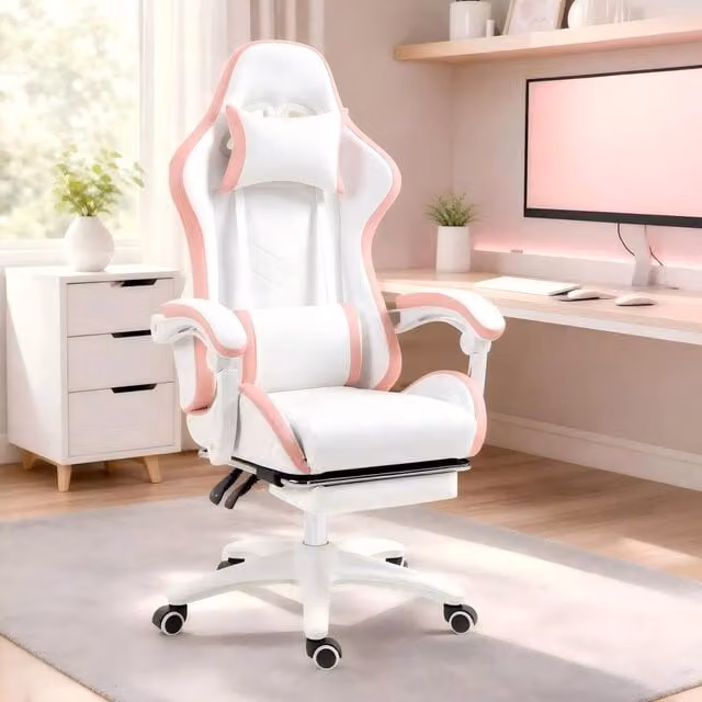 STILVORA Pink and White Gaming Chair with Footrest, Reclining Back, and Headrest – 1