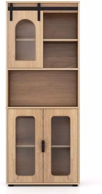 VOGREX Farmhouse Bathroom Cabinet with Sliding Barn Doors and Open Shelving in Natural Brown, Width: 150 cm