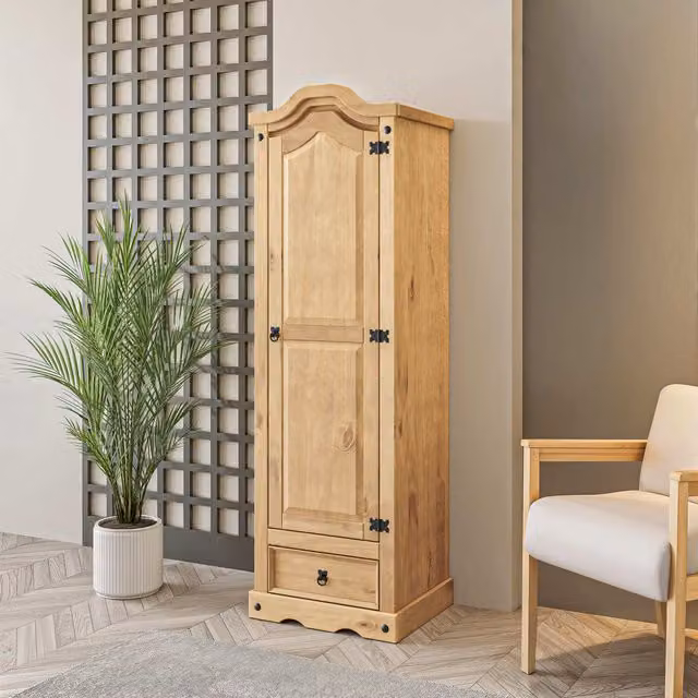 Mews Rustic Waxed Pine Bedroom Wardrobe with Hinged Doors and Drawers in Brown