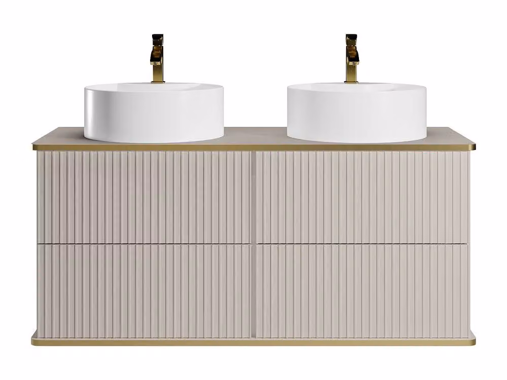 Vente-unique Suspended Striped Bathroom Cabinet with Gold Trim and Double Round Doors in Beige, White and Gold, W/D/H: 120 x 47 x 54 cm – 2