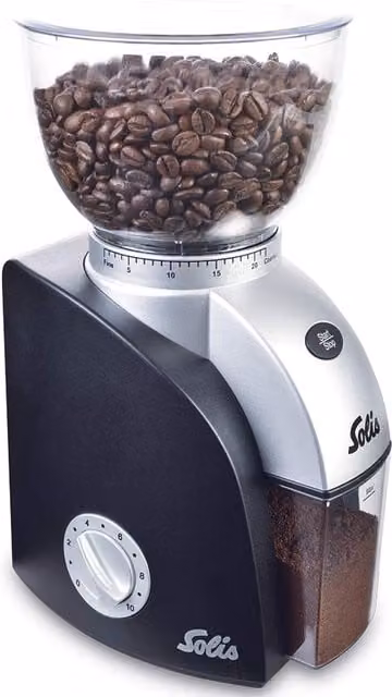 Solis Scala Plus Coffee Grinder, Black and Transparent with Stainless Steel and Plastic Construction