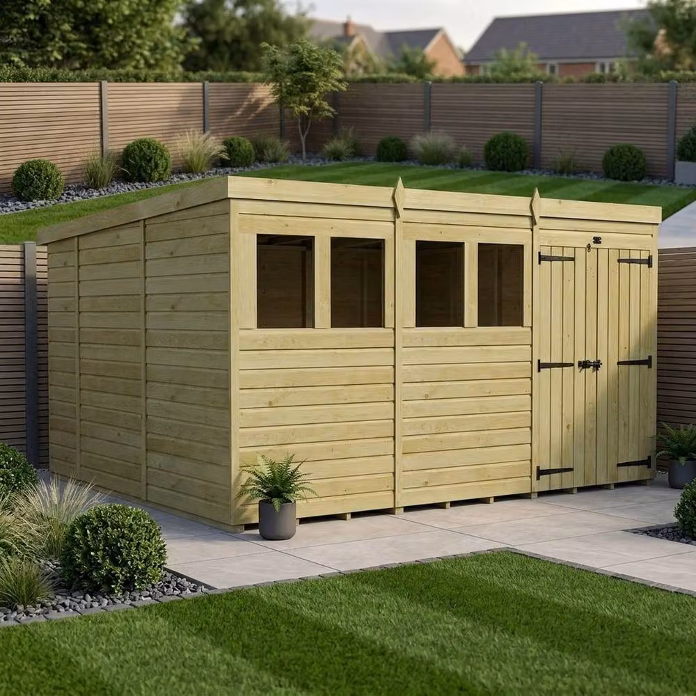 Buttercup Farm Brown Timber Pent Garden Shed with Double Doors and Windows, W: 365.76 cm, D: 305.0 cm, H: 210.0 cm – 2