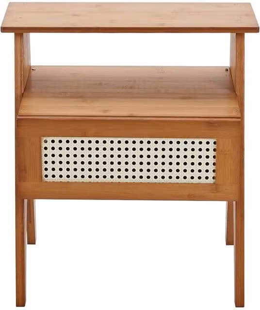 VOGREX Boho Wood and Rattan Bedside Table with Drawer in Brown and Multicolour