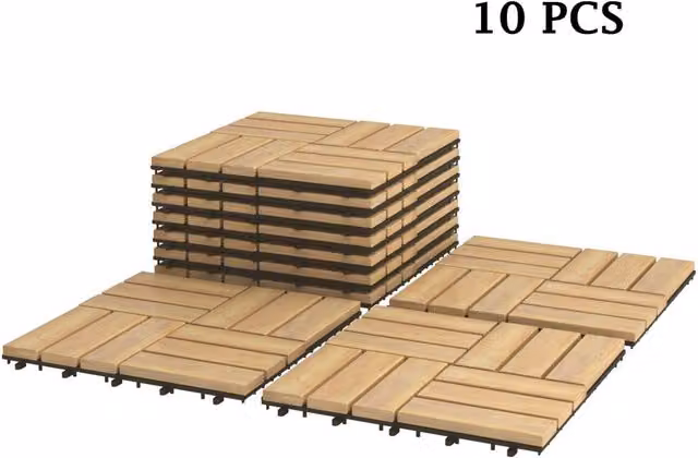 Gymax 10 Pack Interlocking Wooden Floor Deck Tiles in Beige, 30 x 30 cm