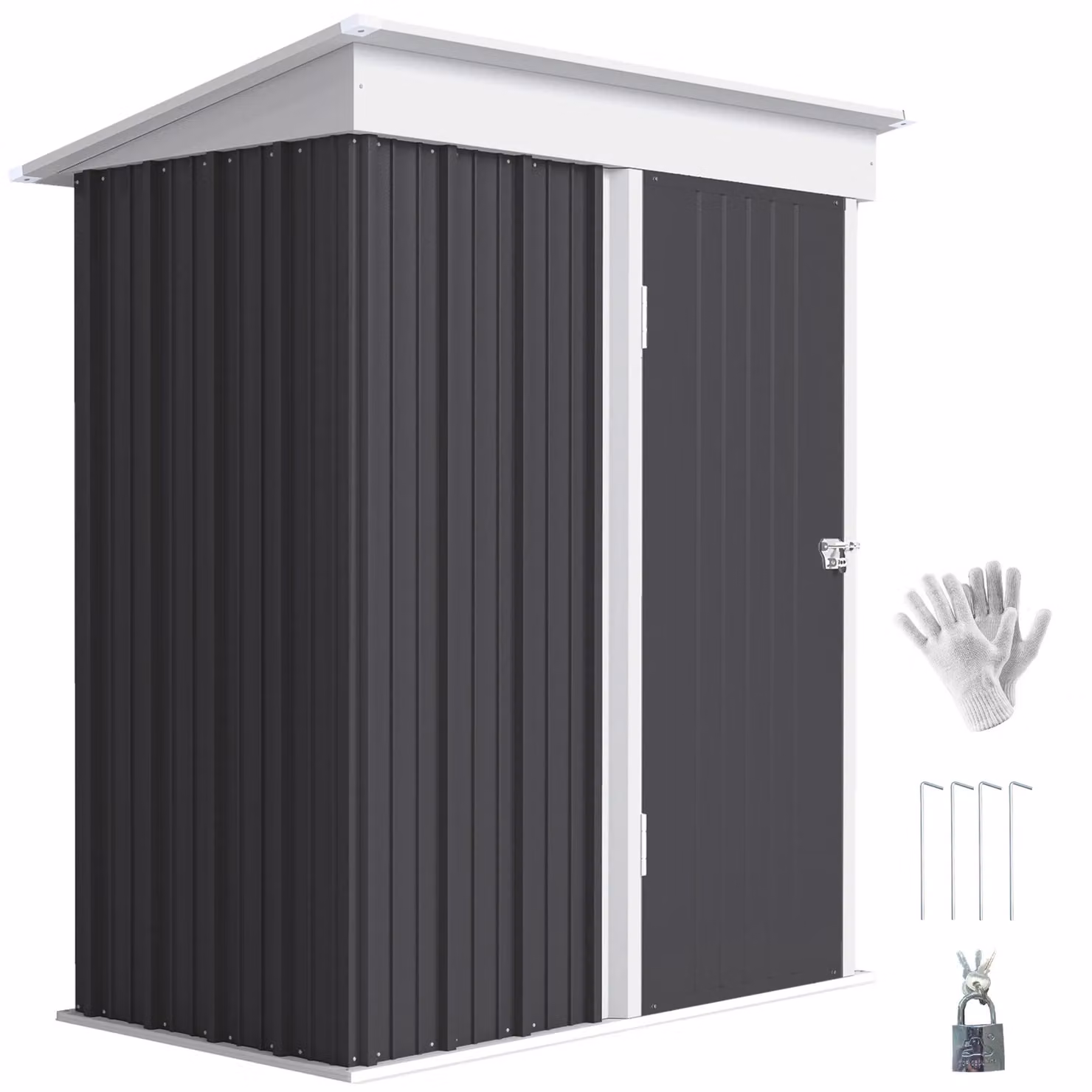 Outsunny Steel Lean-to Garden Storage Shed with Lock and Shelving, Dark Grey, H: 181.0 cm x W: 95.0 cm x D: 38.5 cm – 2