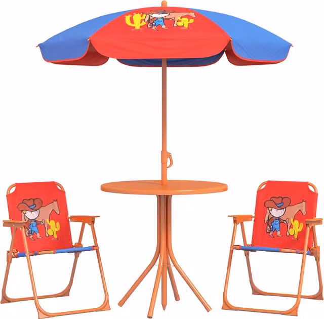 Outsunny Cowboy Campout Childrens Picnic Set with Foldable Seats and Adjustable Parasol in Multicolour