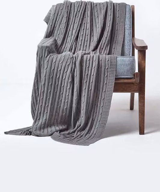 Homescapes Grey Cotton Cable Knit Throw, W/D/H: 130 x 170 cm – 2