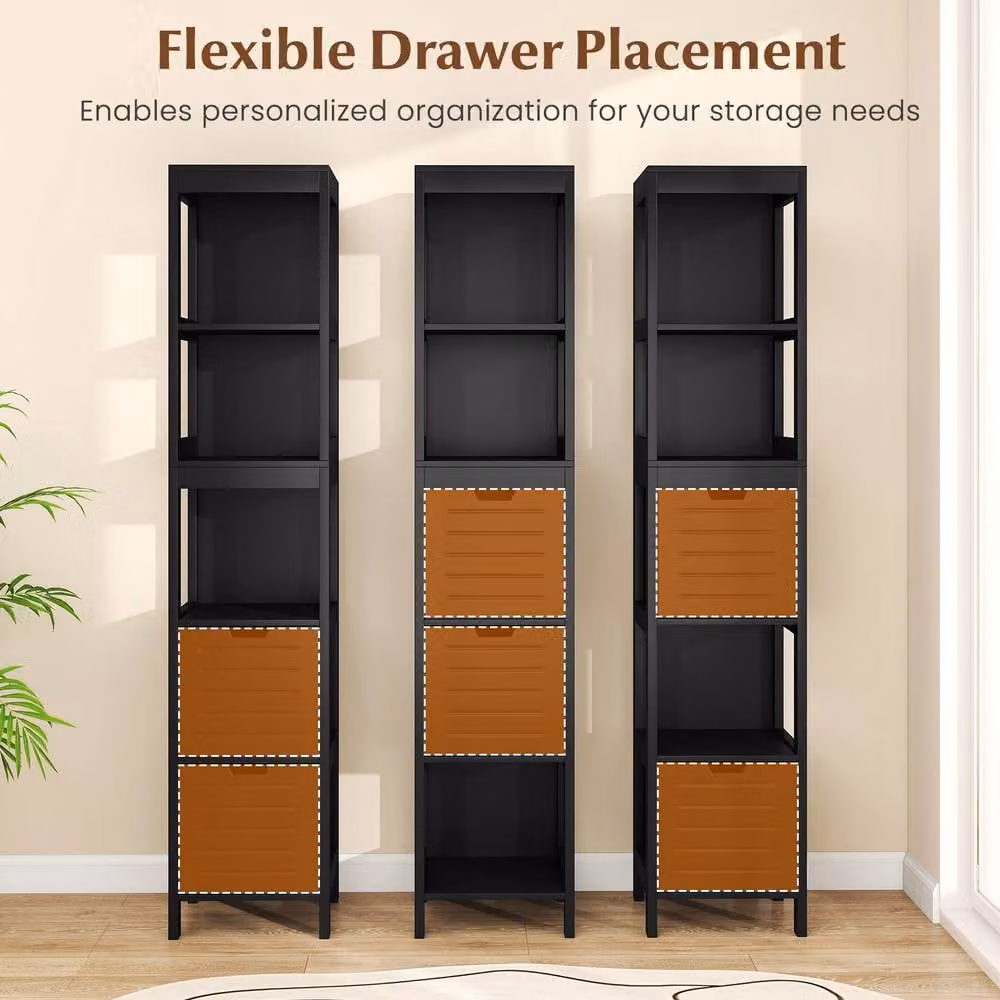 Costway Black Narrow Freestanding Bathroom Storage Cabinet with 2 Drawers and 3 Shelves – 5