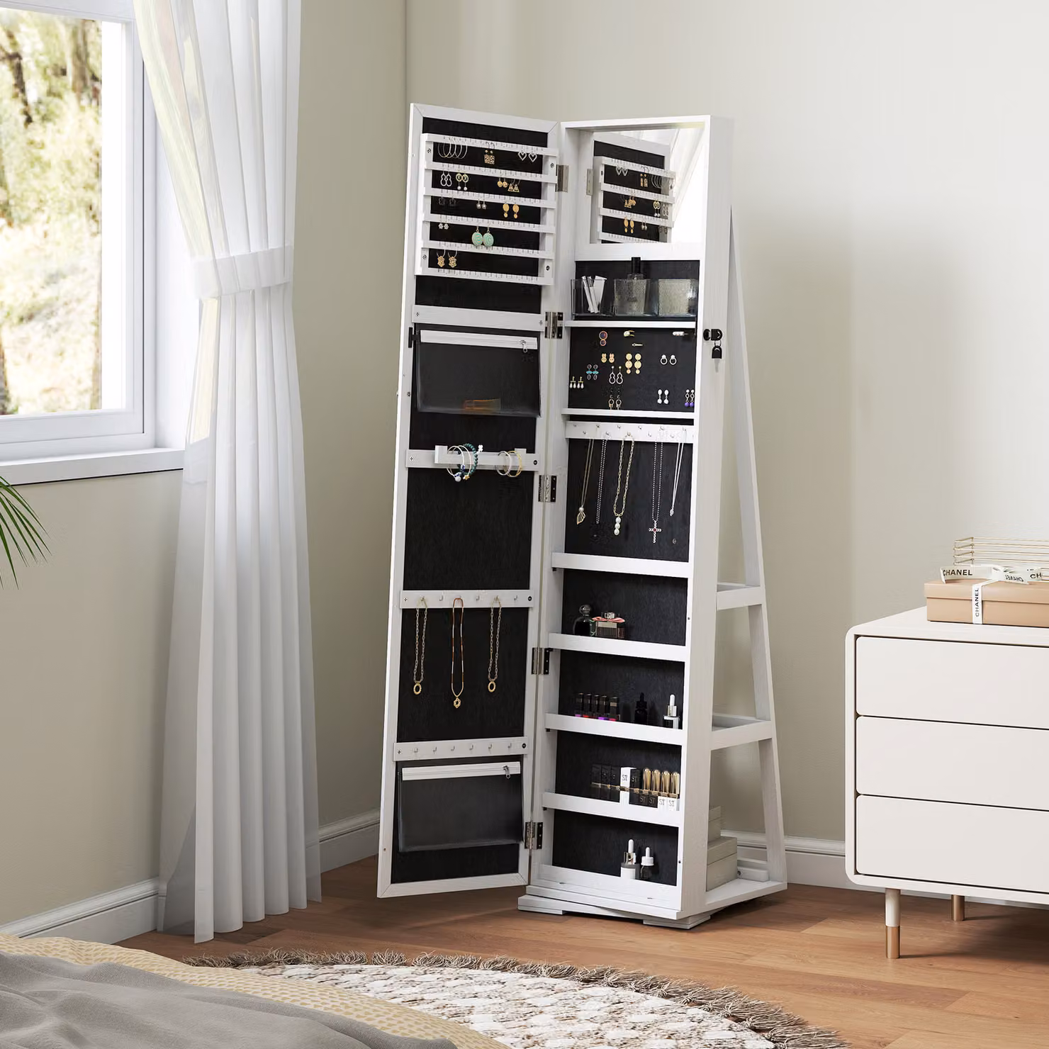 HOMCOM Lockable Jewellery Cabinet with Full-Length Mirror and Internal Shelves, White, H: 160.0 x W: 38.0 x D: 19.5 cm – 5