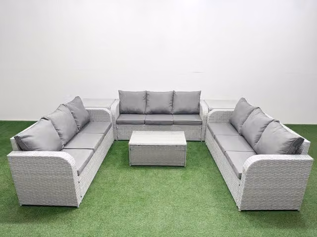 Fimous 9 Seater PE Rattan Outdoor Garden Furniture Set in Light Grey with 3 Seater Sofa, Coffee Table and Side Tables