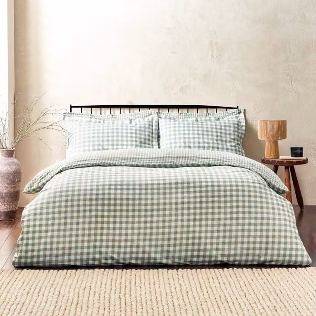 Yard Barton Green Gingham Check Reversible Cotton Duvet Cover and Pillowcase Set