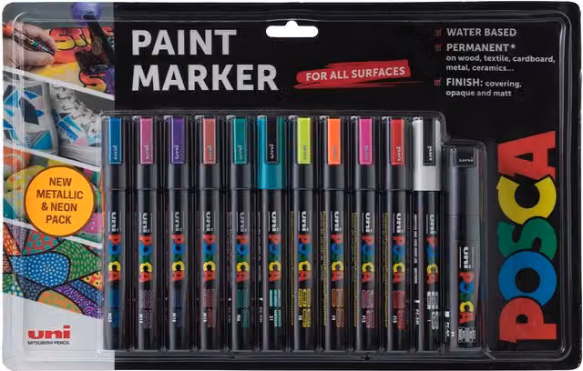 POSCA Pack of 12 Metallic and Neon Multicolour Chalk Markers with Bullet Tip