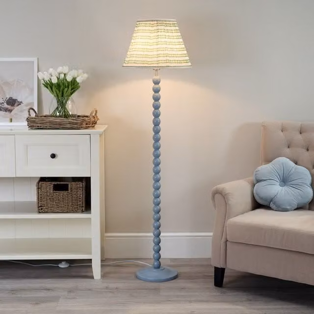 ValueLights Bobbins Powder Blue Floor Lamp with Pink Fabric Pleated Shade and LED Bulb – 1