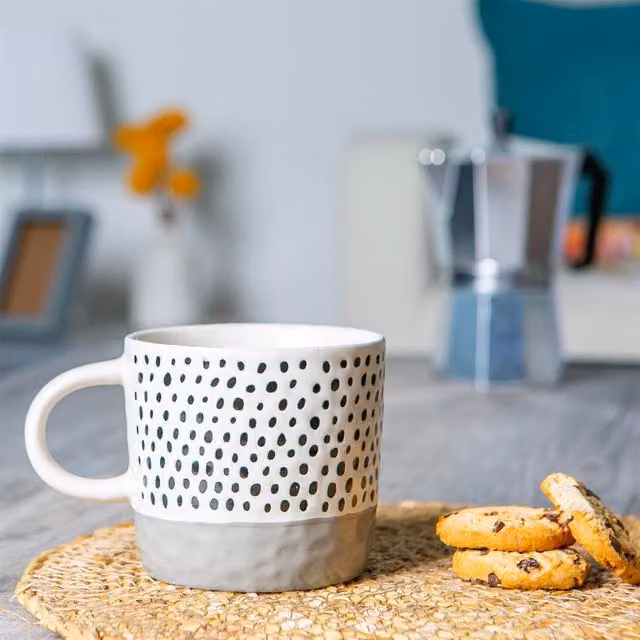 Nicola Spring Dotted Stoneware Coffee Mug, Grey and White, 385ml