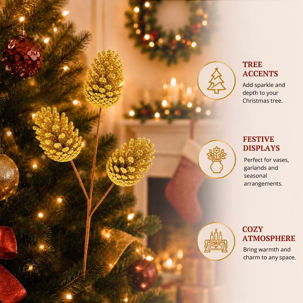 Shatchi Gold Glitter Pine Cone Christmas Picks, 6 Pack, Height: 58 cm – 6