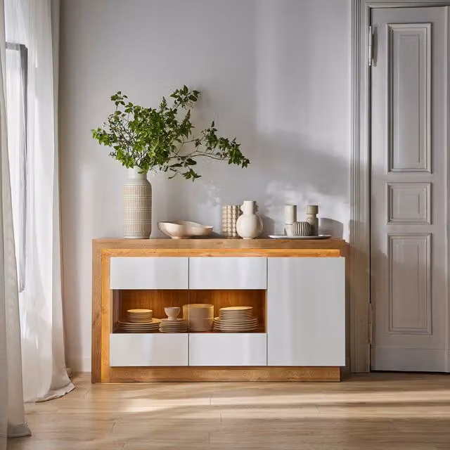 Jonas & James Lelia Three Door Glazed Sideboard in White and Oak with Integrated Lighting