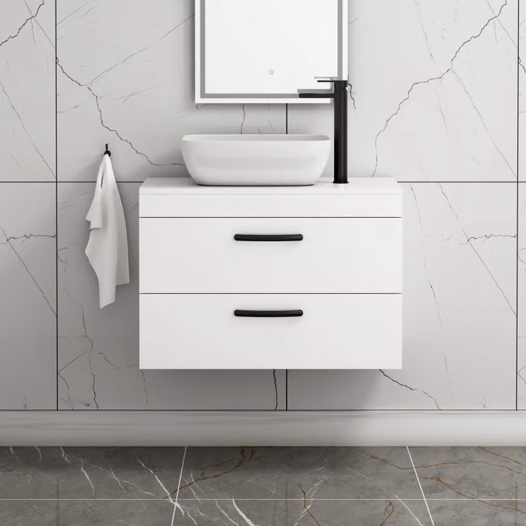 Royal Bathrooms 800mm Wall Hung Gloss White 2 Drawer Vanity Unit with Elva Countertop Basin and Matt Black Handles