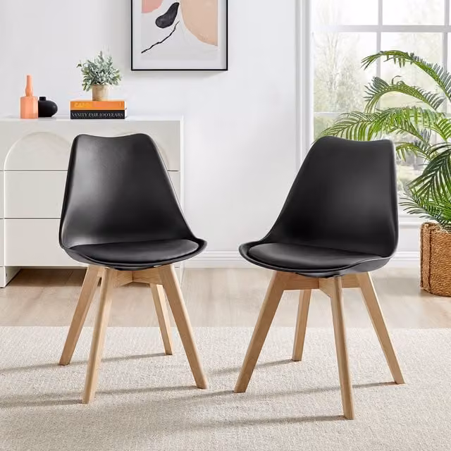 FurnitureboxUK Set of 2 Stockholm Scandinavian Dining Chairs in Black Faux Leather and Wood