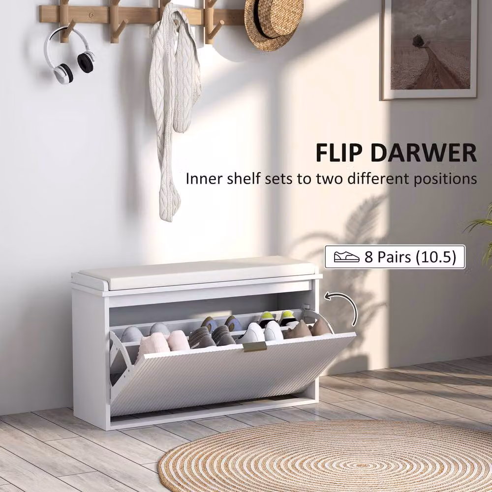 HOMCOM Shoe Storage Bench with Cushion and Flip-Drawer in White, W/D/H: 80 x 26 x 47.5 cm – 4