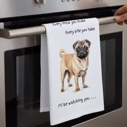 Animal Crackers Pug Dog Novelty Cotton Tea Towel, White – 4