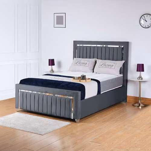 Living Comfort Bedz Zurich Plush Velvet Gas Lift Storage Bed in Steel Grey with Silver Trim and Vertical Lined Headboard and Footboard, 5FT King Size